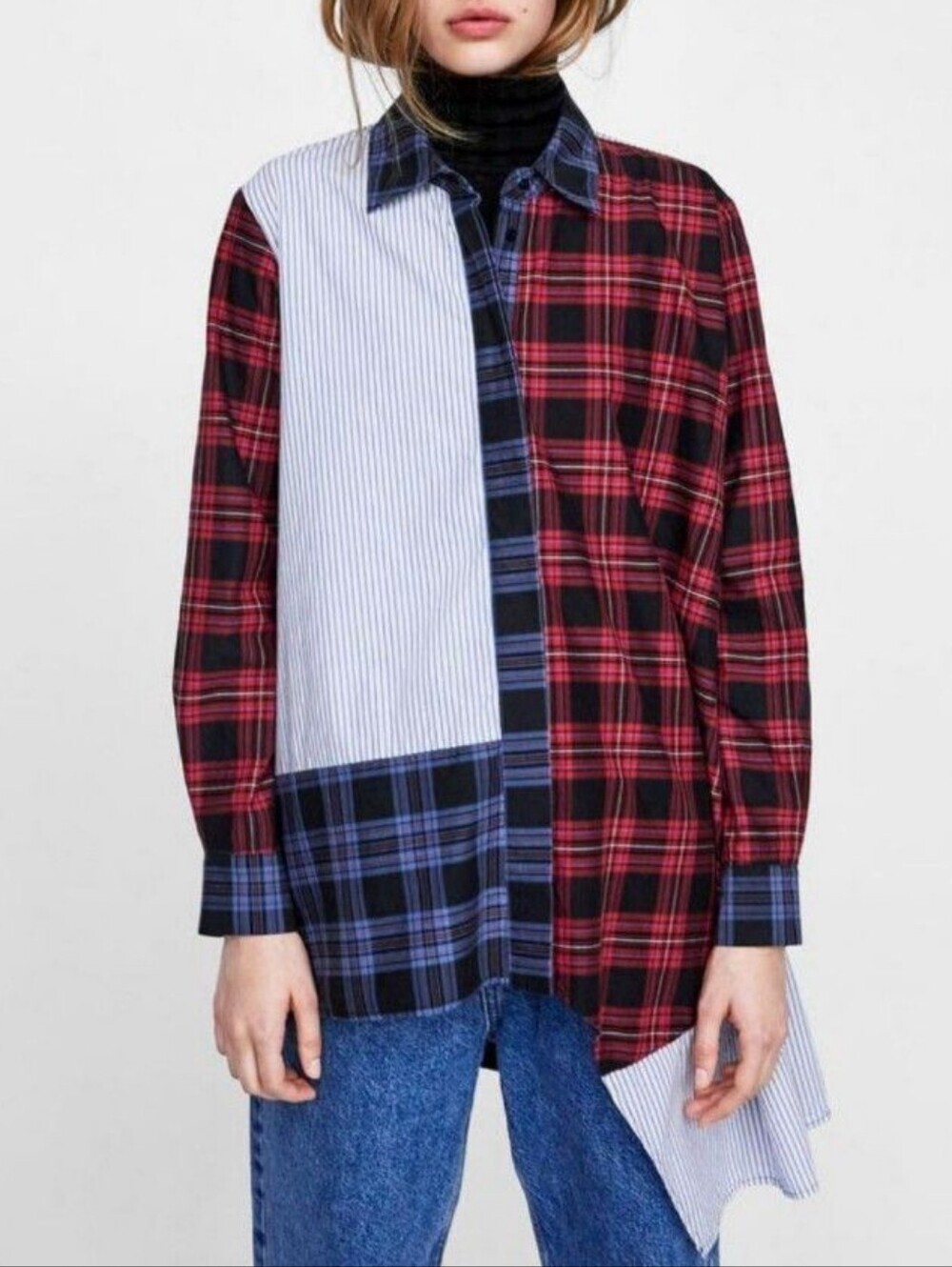Zara 100% Cotton Patchwork Button Down Asymmetrical Hem Size M Grunge